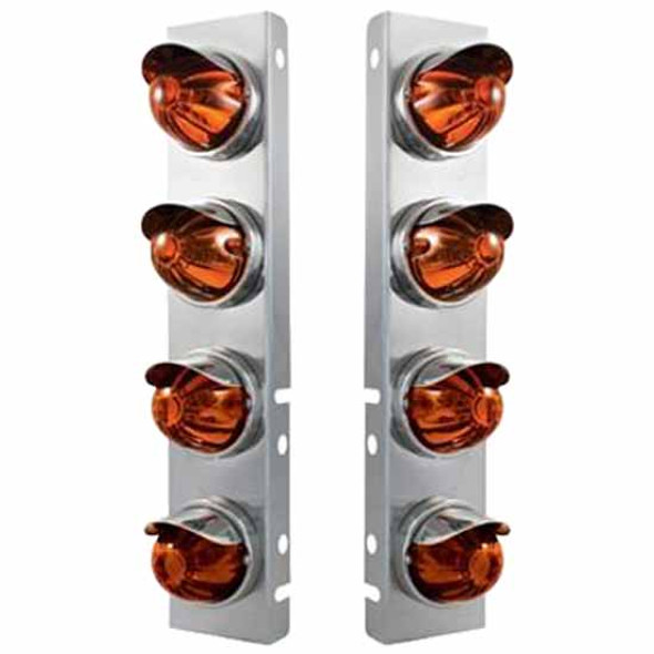 Stainless Steel Front Air Cleaner Bracket W/ Eight Incandescent Glass Watermelon Lights & Visors - Dark Amber Lens For Peterbilt 378, 379