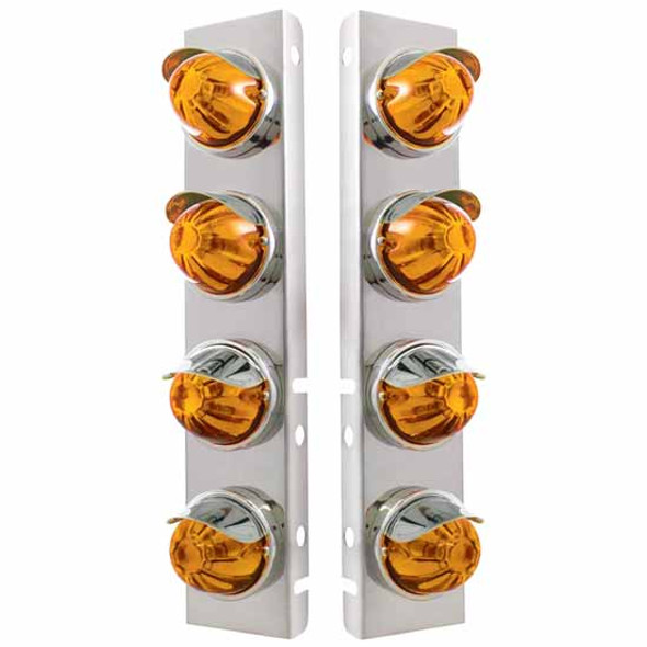 Stainless Steel Front Air Cleaner Bracket W/ Eight Incandescent Glass Watermelon Lights & Visors - Amber Lens For Peterbilt 378, 379