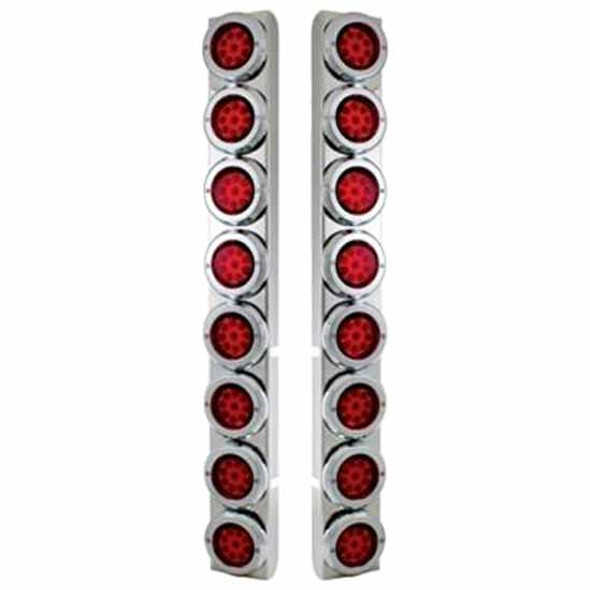 Stainless Steel Rear Air Cleaner Brackets W/ Sixteen 9 LED 2 Inch Reflector Lights & Bezels - Red LED/ Red Lens For Peterbilt 378, 379