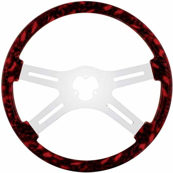 18 Inch Chrome 4 Spoke Slot Cutout Black & Red Skull Wood Steering Wheel Kit