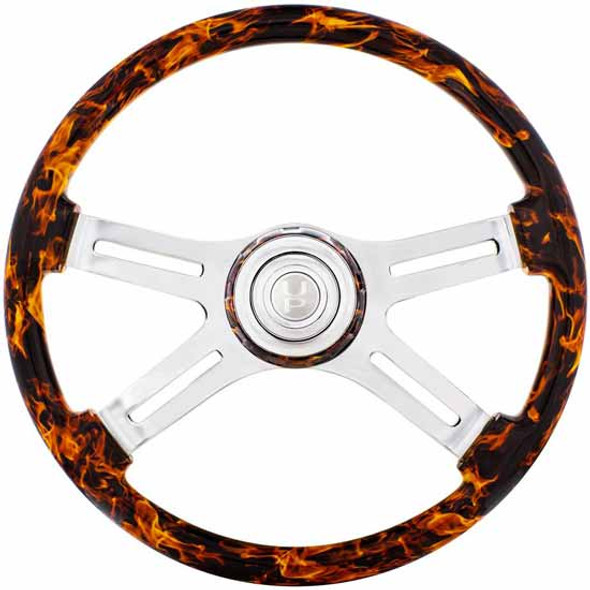 18 Inch Chrome 4 Slot Spoke Flame Steering Wheel With Matching Flame Bezel, Chrome Horn Button