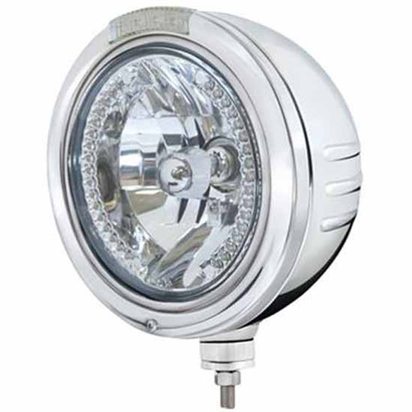 SS Bullet Embossed Stripe H4 Headlight W/ 34 White LED Position, 4 Amber/Clear LED Dual Function Signal Lights