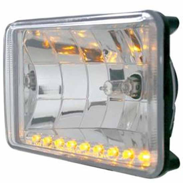 4 X 6 Inch Rectangular Crystal Low Beam Headlight W/ Replaceable Bulb And 9 Diode Amber LED Accent Lights