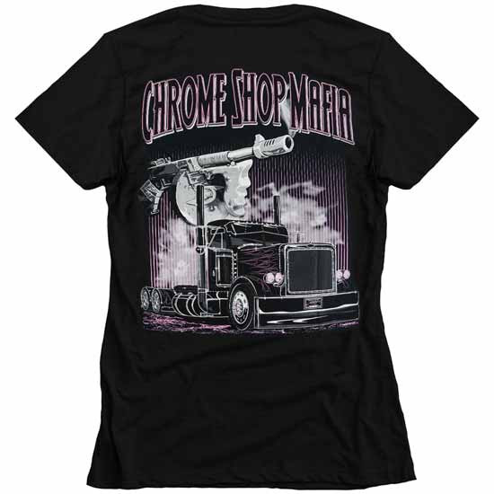 Womens Csm Tommy Gun And Peterbilt Day Cab T-Shirt With Pink Lettering And Flames