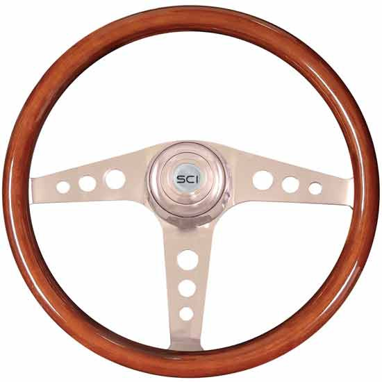 18 Inch Chrome 3 Spoke Mahogany Wood Racer Steering Wheel Kit With Chrome Bezel And Horn