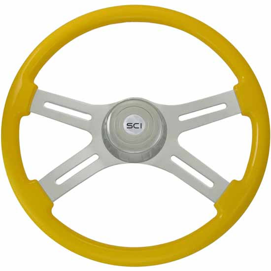 18 Inch Chrome 4 Spoke Yellow Painted Wood Classic Steering Wheel Kit With Chrome Bezel And Horn