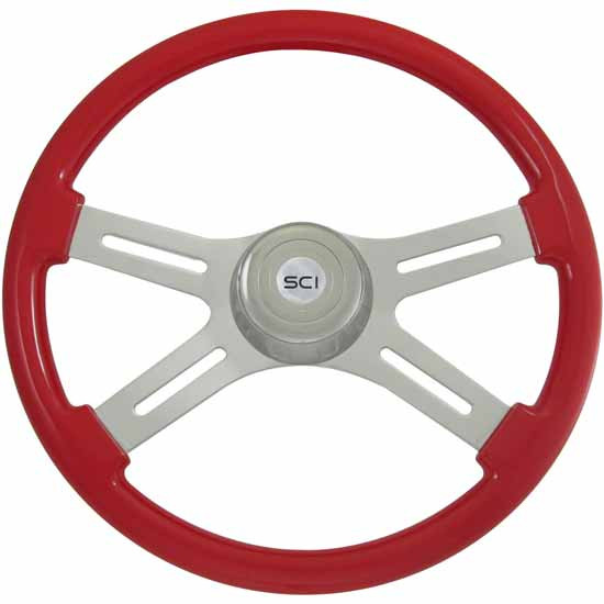 18 Inch Chrome 4 Spoke Red Painted Wood Classic Steering Wheel Kit With Chrome Bezel And Horn