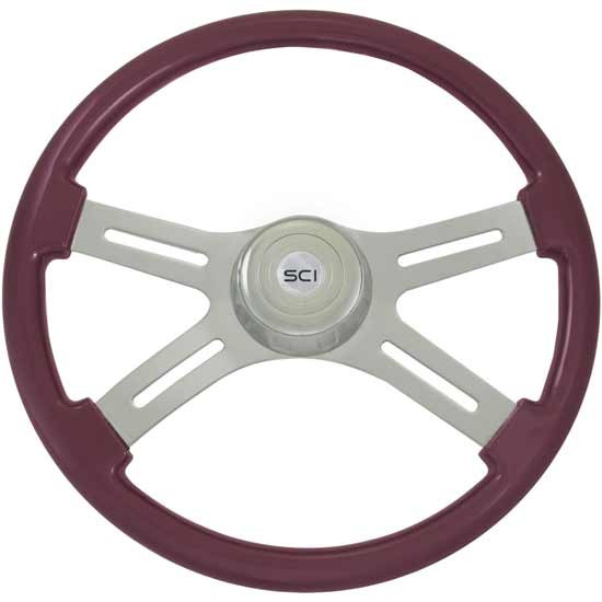 18 Inch Chrome 4 Spoke Purple Painted Wood Classic Steering Wheel Kit With Chrome Bezel And Horn