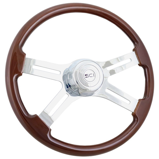 18 Inch Chrome 4 Spoke Polished Mahogany Classic Steering Wheel Kit With Chrome Bezel And Horn