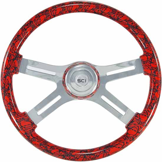 18 Inch Chrome 4 Spoke Red Skull Printed Wood Steering Wheel Kit With Matching Bezel