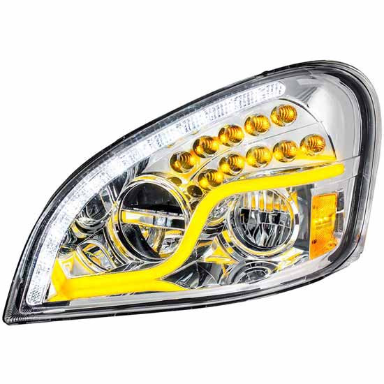 Chrome Led Headlight With Led Daytime Running Light, Led Turn Signal For Freightliner Cascadia