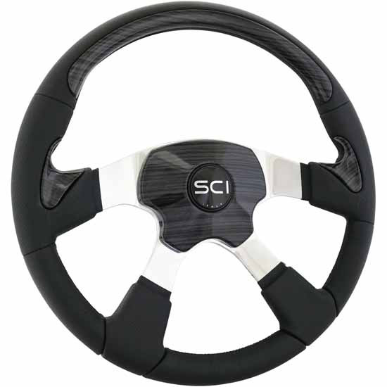 18 Inch 4 Polished Alum. Spoke Black Leather Rim With Black Wood Inserts, Black Sci Horn Button