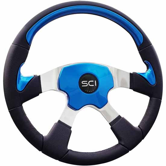 18 Inch Black 4 Spoke Leather Rim Steering Wheel With Ocean Blue Painted Wood Inserts, Sci Horn Button