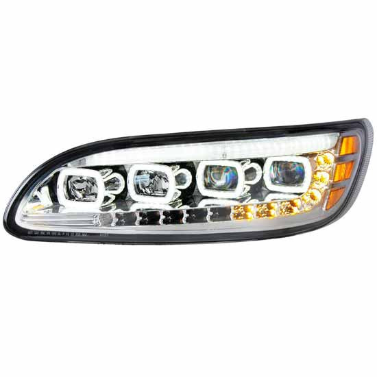 Quad Led Headlight Assembly With Sequential Led Turn Signal For Peterbilt 382, 384, 386, 387