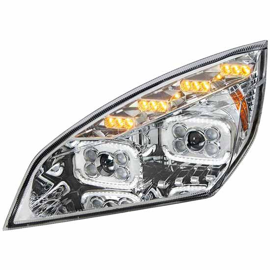 Chrome 10 Led Projector Headlight With Led Sequential Turn And Daytime Running Lamp For Freightliner Cascadia