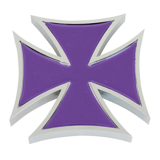 4 Inch Chrome Plastic Iron Cross Accent With Purple Sticker - Tape Mount