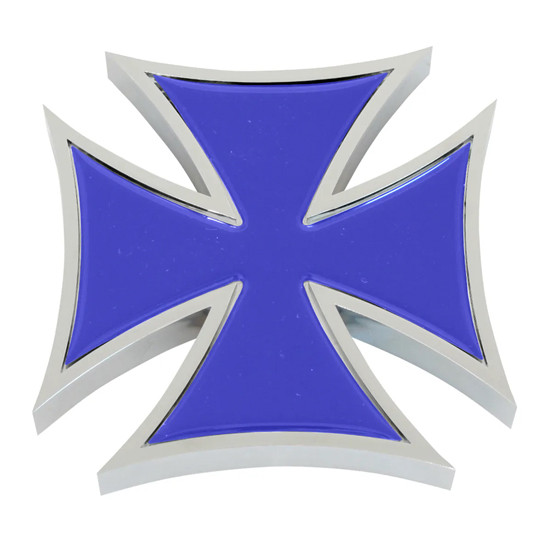 4 Inch Chrome Plastic Iron Cross With Blue Sticker - Tape Mount