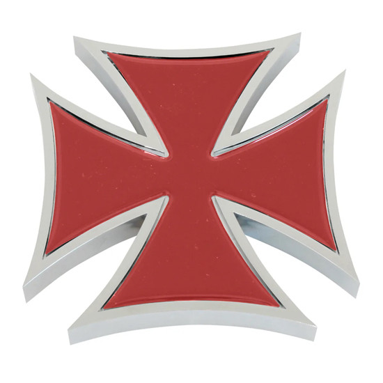4 Inch Chrome Plastic Iron Cross Accent With Red Sticker - Tape Mount