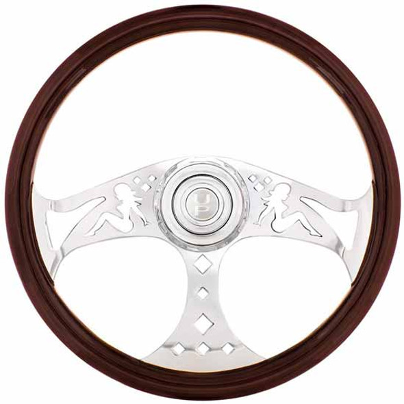 18 Inch Lady Steering Wheel With Chrome Horn Bezel And Horn Button - Wood Grain