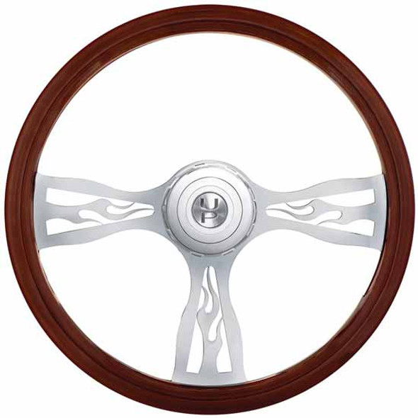 18 Inch Flame Style Wood Steering Wheel W/ Hub & Horn Button Kit For 2006+ Peterbilt & 2003+ Kenworth Trucks