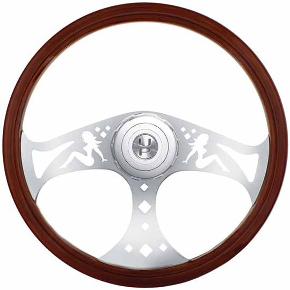 18 Inch Lady Style Wood Steering Wheel W/ Hub & Horn Button Kit For 2006+ Peterbilt & 2003+ Kenworth Trucks