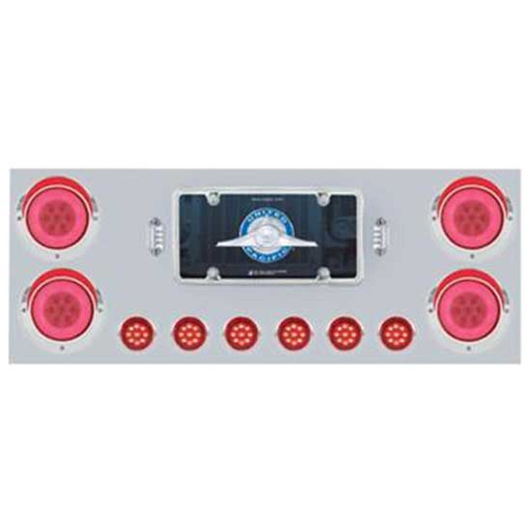 34 Inch Stainless Steel Rear Center Panel W/ License Frame, Four 4 Inch 21 LED GloLight, Six 2 Inch 9 LED Flat Style Light & Visors - Red LED/ Clear Lens