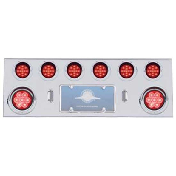 34 Inch Stainless Steel Rear Center Panel W/ License Frame, Two 4 Inch 7 LED Reflector Lights, Six 2 1/2 Inch 13 LED Flat Style Lights & Visors - Red LED/ Red Lens