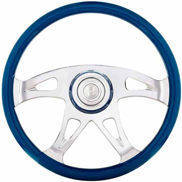 18 Inch Blue Boss Style Steering Wheel W/ 4 Spokes & Blue Horn Bezel