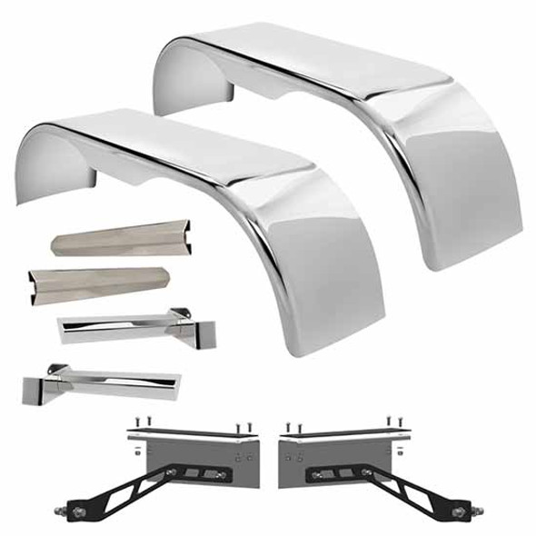 Hogebuilt 105 Inch 304 Stainless Steel Flanged Full Fender Kit For Peterbilt W/ Air Trac Suspension