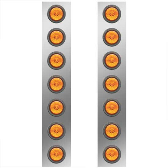 Stainless Steal Front Air Cleaner Panels W/ 7 Amber 2 Inch Round LEDs For 15 Inch Air Cleaners On Pete 378, 379, 388, 389 - Pair
