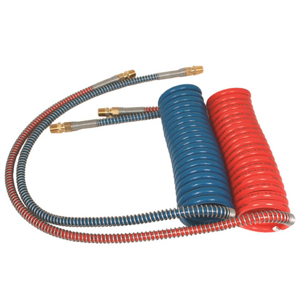 TPHD Nylon 15 Foot Coiled Air Hose Set - Red/Blue With 1 - 40 Inch, 1 - 12 Inch Lead - Set Of 10