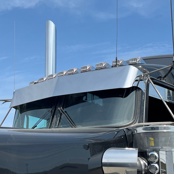 Polished SS 12 Inch Straight Style Drop Visor, Side Mount For Kenworth T800 W/ Curved Glass