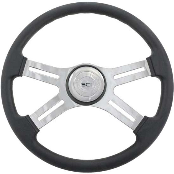 18 Inch Chrome 4 Spoke Black Poly Steering Wheel With Black Bezel & Chrome Horn Button