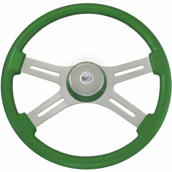 18 Inch Chrome 4 Spoke Green Painted Wood Classic Steering Wheel With Matching Bezel