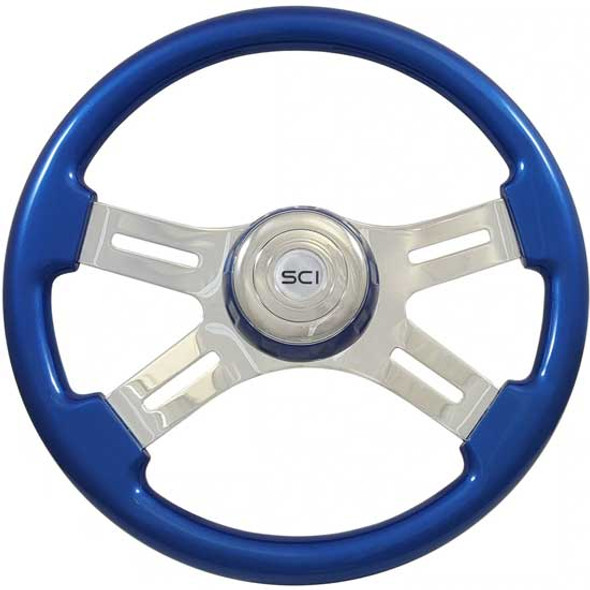 16 Inch Chrome 4 Spoke Blue Painted Wood Steering Wheel With Matching Bezel