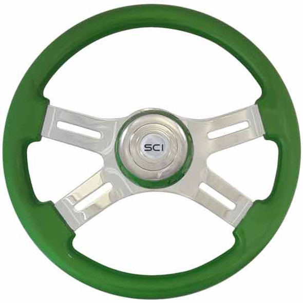 16 Inch Chrome 4 Spoke Green Painted Wood Steering Wheel With Matching Bezel