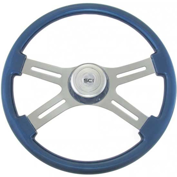 18 Inch Chrome 4 Spoke Blue Painted Wood Steering Wheel With Matching Bezel