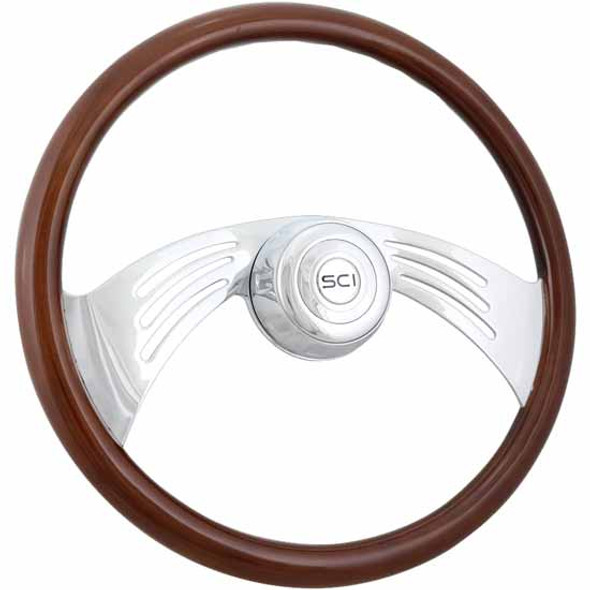 18 Inch Mahogany Steering Wheel W/ Wood Rim, 2 Chrome Spoke, Bezel & SCI Horn Button