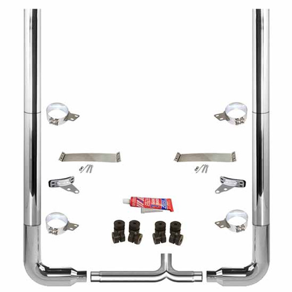 BESTfit 8 To 5 X 108 Inch Chrome Exhaust Kit With Flat Top Stacks, Long 90s, Quiet Spool, Unibilt, & Tapered Y-Pipe  For Peterbilt 378, 379, 389