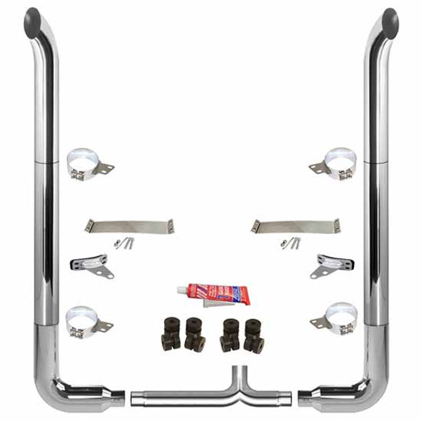 BESTfit 8 To 5 X 114 Inch Chrome Exhaust Kit With West Coast Turnout Stacks, Quiet Spools, Unibilt, Long 90s & Tapered Y-Pipe  For Peterbilt 378, 379, 389