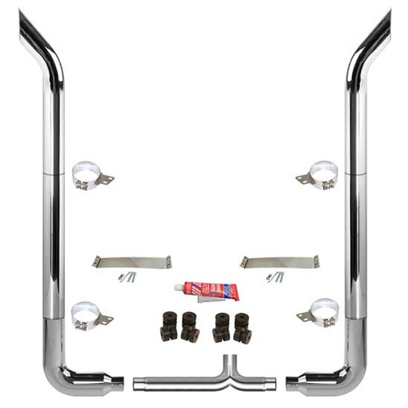 BESTfit 8 To 5 X 96 Inch Chrome Exhaust Kit With Bull Hauler Stacks, Quiet Spool, Long 90s & Tapered Y-Pipe  For Peterbilt 378, 379, 389
