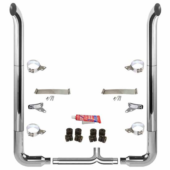 BESTfit 8 To 5 X 96 Inch Chrome Exhaust Kit With West Coast Turnout Stacks, Unibilt, Quiet Spools, Long 90s & Tapered Y-Pipe  For Peterbilt 378, 379, 389