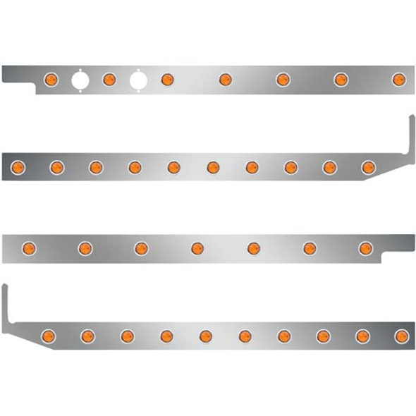 SS Cab/Sleeper Panel Kit W/ Extenders, 2 Plug Cutouts & 3/4 Inch Round LED Lights - Amber LED/ Amber Lens For Peterbilt 567, 579 SBA W/ Rear/Horizontal Mount Exhaust & 58 Inch Sleeper