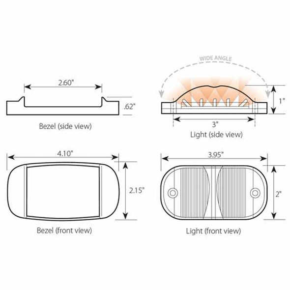 1 X 2 Inch 14 Diode Rectangular Camel Back Wide Angle Amber LED Amber Lens Light W/ Chrome Bezel