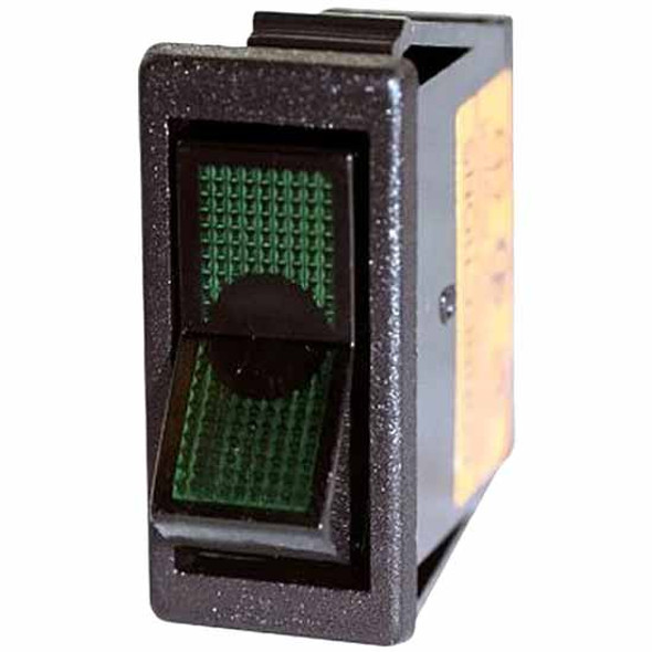 Illuminated Green Rocker Switch , 20A At 12V For 7/16 Inch x 1-1/8 Inch Slot