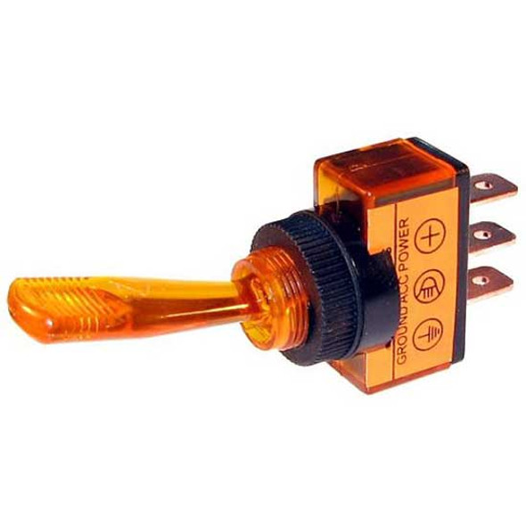Amber Illuminated Toggle Switch, 20A At 12V, 3 Terminals W/ .250 Tabs For 1/2 Inch Hole