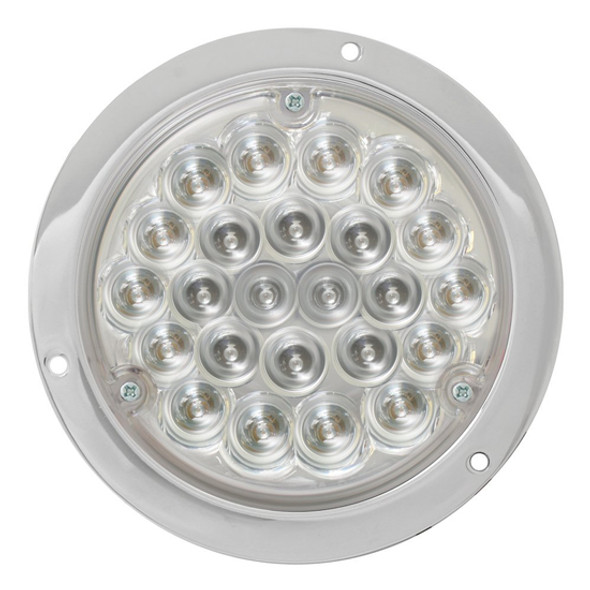 4 Inch Round 24 LED S/T/T Light, Flush Mount W/ Chrome Housing - Red LED/ Clear Lens