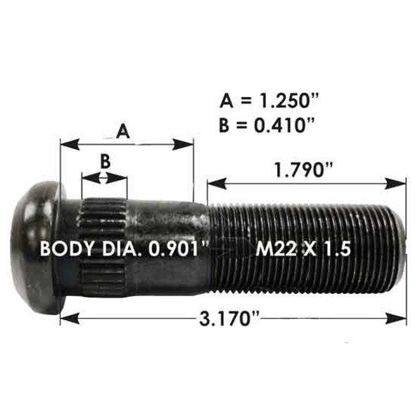 M22 X 1.5 Serrated Wheel Stud 3.17 x 1.25 x  1.79 x 0.41 Inch