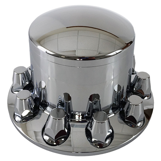 Premium Chrome Top Hat Axle Cover With Removable Center Cap & 10 Lug Nuts For Most 20, 22.5 & 24.5 inch Wheels