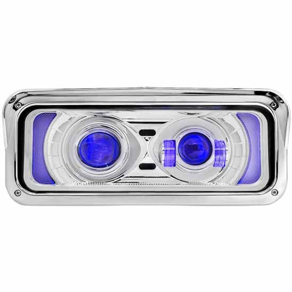 Chrome LED Projector Headlight Assembly W/ Bezel, Visor & Blue Backlit Auxiliary - Driver Side For Peterbilt, Kenworth, Freightliner Classic, Western Star
